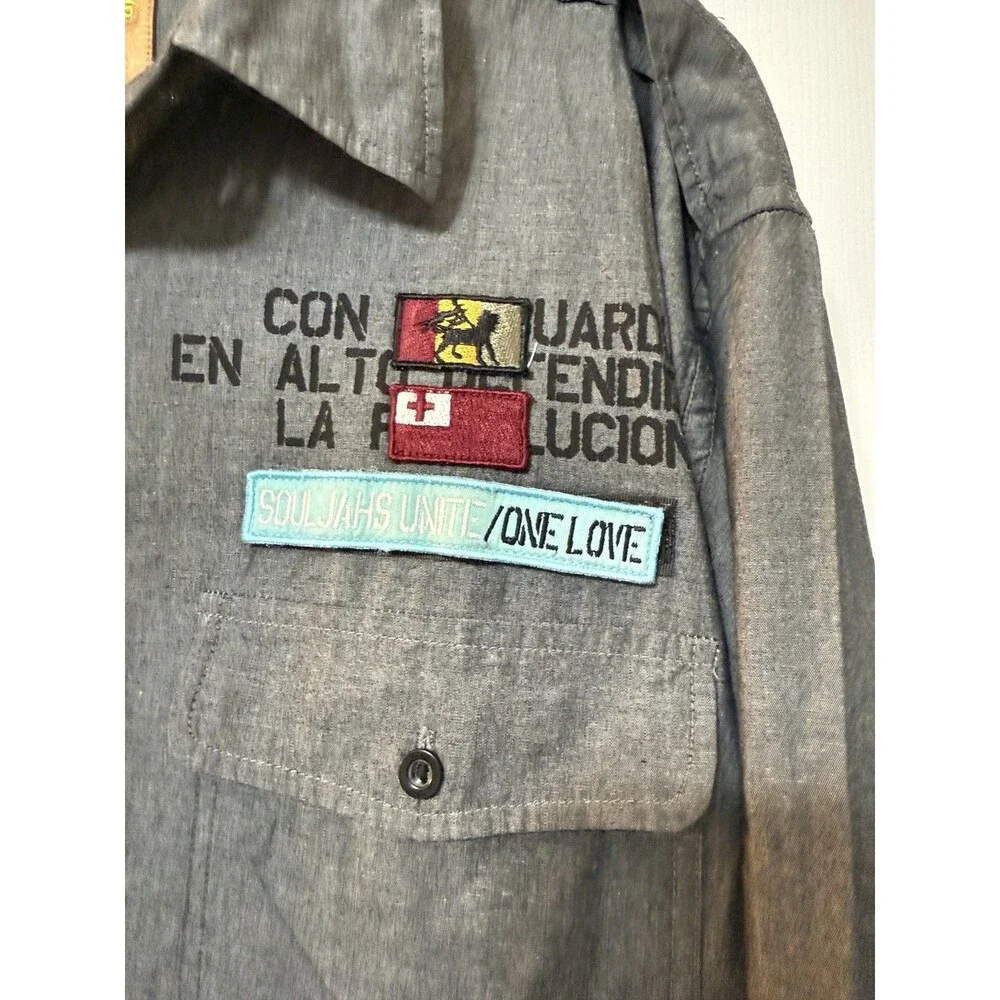 Live Mechanics Men’s XL Gray Chambray Cotton Button-Up Shirt Embroidered Patches